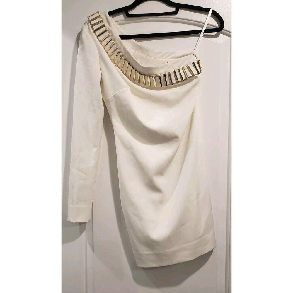 Camilla And Marc,‎ Alexander Frock Ivory Gold Metal Links Size 2 One Shoulder